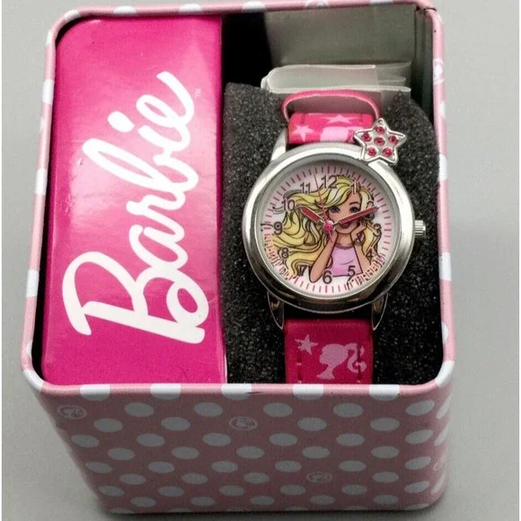 Barbie Watch Kids Girl Youth 28mm Pink Silver Tone With Metal Box New Battery - Picture 1 of 8